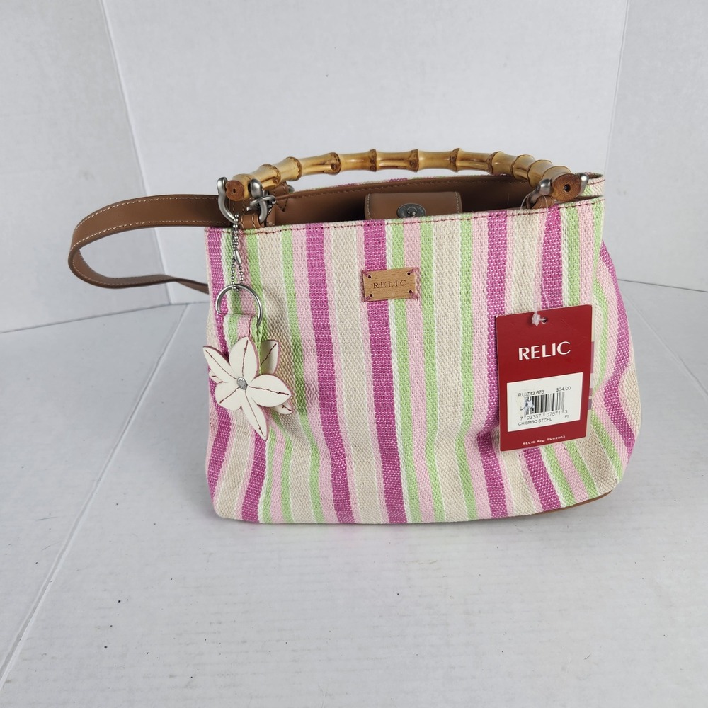 Relic Striped Canvas Satchel Handbag Pink Green Bamboo Handles NWT